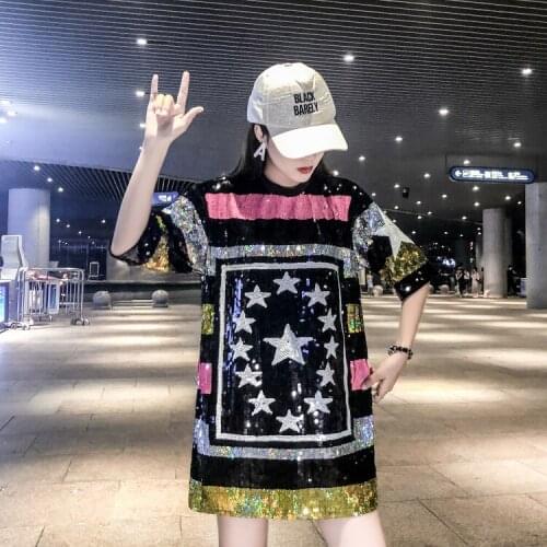 Fashion Brand Shiny Star Sequined t-shirt Summer Tops Womens Black Oversized Tshirt Tees Short-Sleeved Loose Mid-Length T-shirts