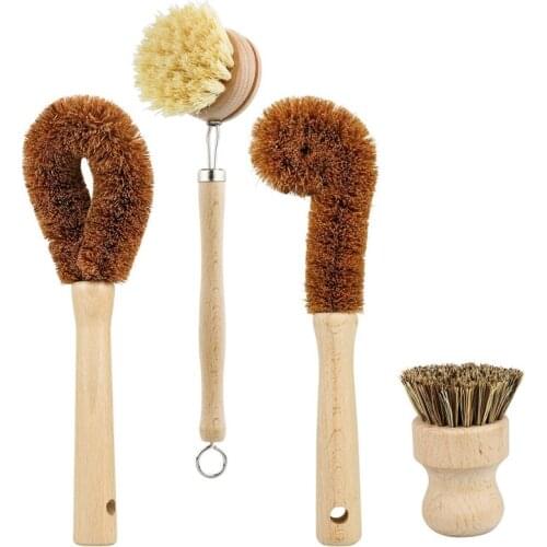 Plant Based Cleaning Brush Set 4 Piece, Beech Wood and Coconut Bristle Wooden Pan and Pot Cleaning Brush - Bottle Brush - Dish B