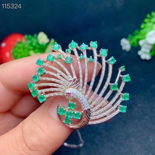 New natural emerald 925 silver pendant and brooch dual-purpose style Phoenix Yufei luxurious atmosphere