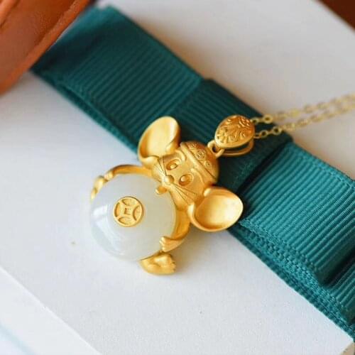 Silver inlaid natural Hetian Chalcedony blessing mouse Pendant Necklace Chinese style retro dull cute womens jewelry