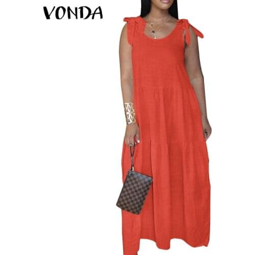 VONDA Women Sundress Bohemain Sleeveless Holiday Plain Maxi Dresses 2021 Casual Loose Tank Dress Beach Vestidos S