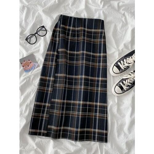 Plaid Womens Long Skirt Winter High Elastic Waist Korean Retro Split Midi Skirt Women 2021 skirts for women
