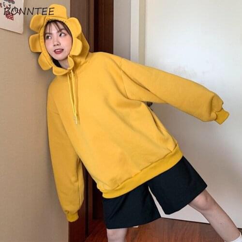 Hoodies Women with Hat Solid Sweet Lovely Loose Leisure All-match Plus Velvet Warm Comfortable Feminino Sweatshirts Ulzzang New