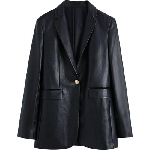 Women 2021 za fashion with metal button faux leather blazer coat vintage long sleeve back vent female outerwear chic veste