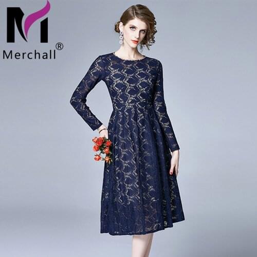 Autumn Elegant Lace Party Dress Female Beading Hollow Out O Neck Long Sleeve Office Lady A Line Midi Dress Woman Clothing M68938