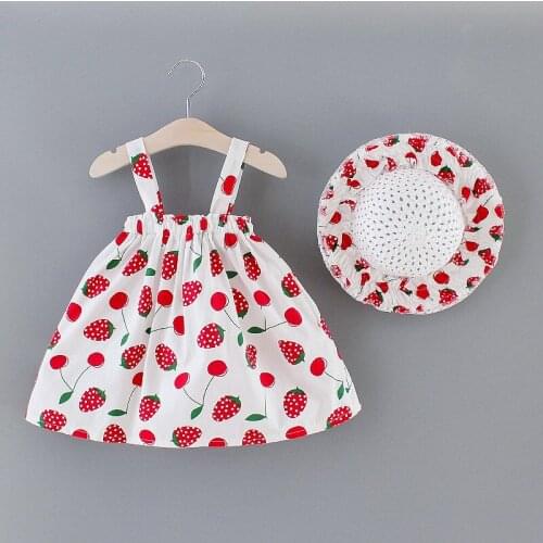 Newborn Baby Summer Dresses Casual Infant Kids Baby Girls Strawberry Printed Sleeveless Clothes Princess Strap Dress + Sun Hat