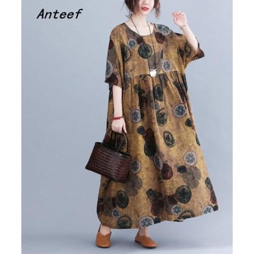 Short sleeve plus size cotton vintage floral dresses for women casual loose long woman summer dress elegant clothes 2021