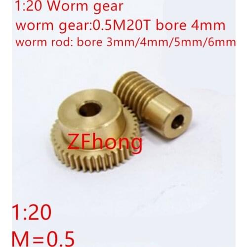0.5 Modulus 20 Teeth Brass Worm Gear Wheel & 4mm Hole Dia Worm Gear rod Shaft Kits 1:20 Reduction Ratio with Screw
