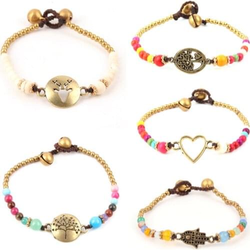 1Pc Handmade Colorful Beads Bull head Tree Charms Heart Palm Bohemian Bracelet Bangle For Women Open Design Jewelry E2315-E2319