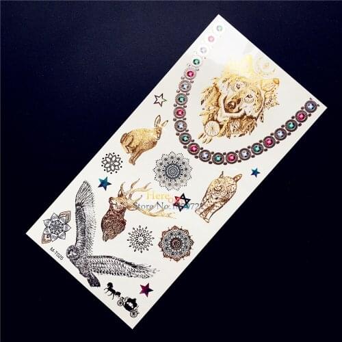 1PC Hot Animal Style Gold Henna Tattoo Metallic Wolf King Tiger Owl Deer Elk Tatoo Waterproof Temporary Tattoo Sticker Christmas