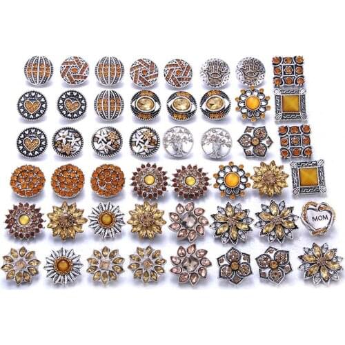 10pcs/lot Wholesale Snap Jewelry Mixed Brown Rhinestone Flower Metal Charms 18mm 20mm Snap Button Jewelry for Snaps Bracelet