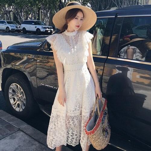 White Lace Dress Party Cute Women Butterfly Sleeve Flower Embroidery Pearls Long Dresses Lace Hollow Out Summer Dress Vestidos