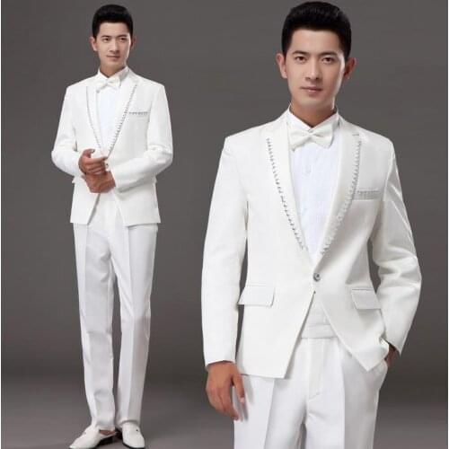 White korean diamond married formal dress set mens suits wedding groom men suit latest coat pant designs mens suits + pant + tie