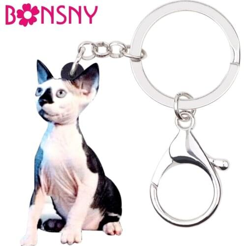 Bonsny Acrylic Novelty Canadian Hairless Sphynx Cat Key Chains Keychain Rings Animal Jewelry For Women Girl Handbag Purse Charms