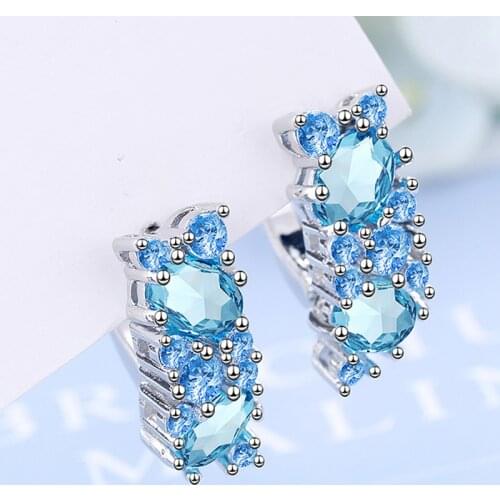 Elegant Blue Cubic Zircon 925 Sterling Silver Hoop Earrings for Wedding Party Jewelry Gift Simple Women Earring bijoux