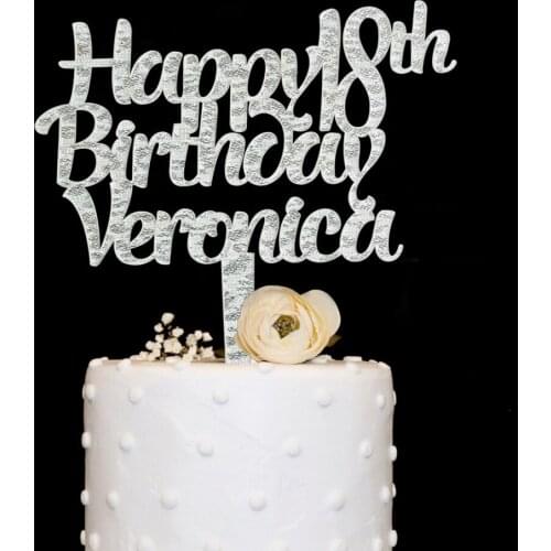 Personalized Cake Topper, Happy Birthday Glitter Silver Cake Topper, Name Cake Topper, Birthday Party Decorations