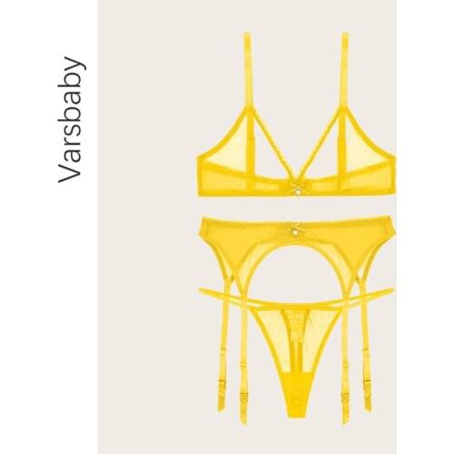 Varsbaby Sexy Lingerie Lace Bra Set Wirefree Ultra-thin Bra +See Through Garter Belt +Low-rise Thong Underwear Set