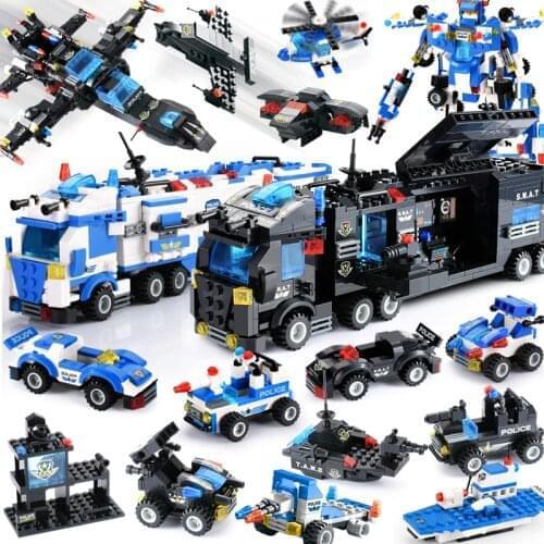 DIY City Police Building Blocks Vehicle Car Helicopter Construction Building Blocks DIY Building Bricks Toys For Children Gift