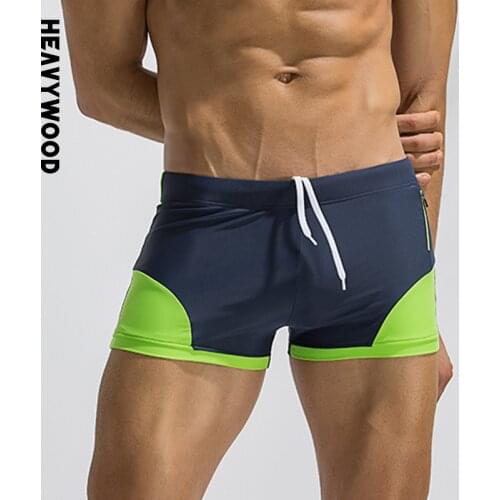 Heavywood Summer Fashion Mens Swimming Trunks Color Contrast Side Pocket Zipper Swimwear Drawstring Elastic Waist Beach Shorts