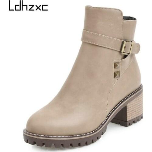 LDHZXC 2020 fashion winter Women Ankle Boots Zipper Design Fashion Square High Heel All Match Ladies Motorcycle Boots Size 34-43