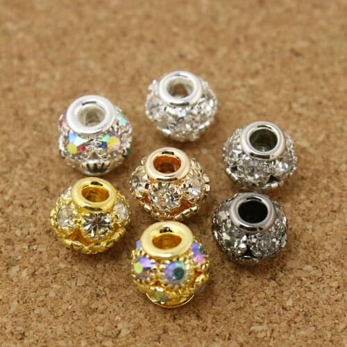 New Arrival 8x9mm Round Ball Gold & Silver Plated with Crystal AB Rhinestone Hollow Ball Spacer Beads for European Bracelet