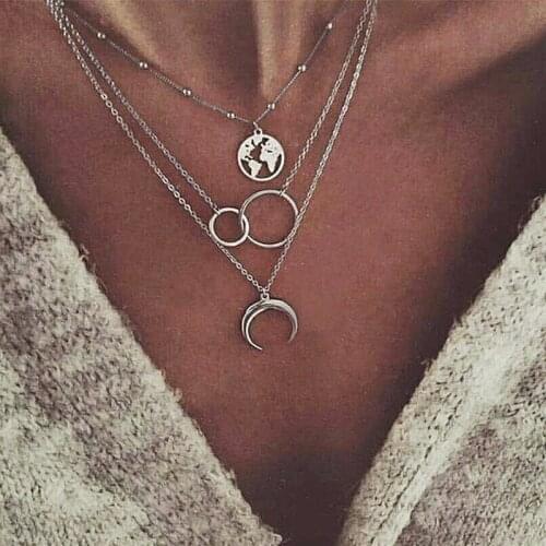 Creative New Round Circle Map Moon Necklace Pendant Women Fashion Gold Silver Color Multilayer Clavicle Chain Necklaces