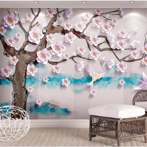 Beibehang Custom wallpaper 3d photo mural relief embossed simple peach new Chinese background wall decoration painting wallpaper