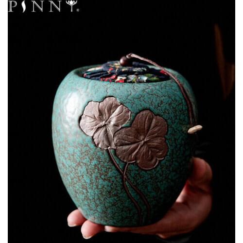PINNY Turquoise Glaze Ceramic Tea Jars Relief Carved Lotus Leaf Chinese Kung Fu Tea Accessories Pigmented Tea Service