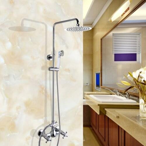 Polished Chrome Brass Dual Cross Handles Wall Mounted Bathroom 8" Round Rain Shower Head Faucet Set Bath Mixer Taps mcy303