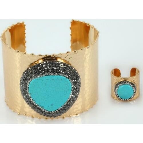 Luxury Jewelry Heart & Round Blue Tuquoises Stone Charms in Pure Gold Color Frame Open Cuff Bangle Ring Jewelry Set for Women