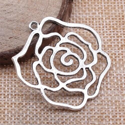WYSIWYG 4pcs 37x36mm Filigree Flower Rose Charms Pendant Antique Silver Color For Earring Making Necklace Making