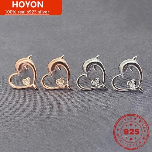 S925 Sterling Silver Love Dolphin Earrings For Women Rose Gold White Gold AAA Zircon Stud Earring Wedding Engagement Jewelry