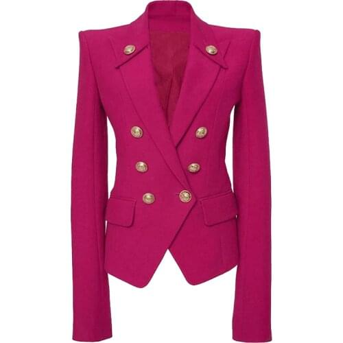 High Quality Rose Red Womens Blazer New Autumn Jacket Classic Gold Metal Double-breasted Buttons fuchsia Blazer Women Mujer