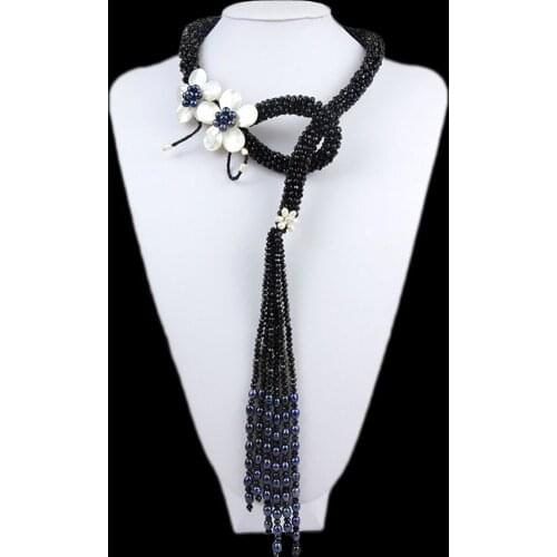30" Ethnic Long Beads Tassel Luxury Necklace Jewelry Natural Freshwater Pearls Shell Flower Necklace Handmade Women Accessories