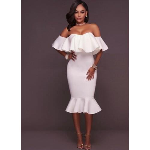 Summer New Women Off Shoulder Slash Neck Ruffled Dress Slim Sexy Solid Dresses Fasgion Size S -Xl