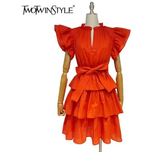 TWOTWINSTYLE White Patchwork Ruffle Summer Dress For Women Stand Collar Short Sleeve High Waist Mini Dresses Female Fashion New