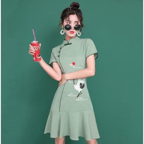 Dress Women Slim Ruffles Party Dress Chinese Style Thin Cheongsam Vintage Ladies Evening Gown Vestidos Classic Embroidery Qipao