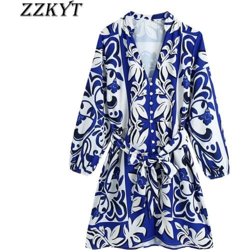 ZZKYT 2021 Women Spring Fashion Print Bow Tie Sashes Mini Dress Vintage Button V-Neck Long Sleeve Female Casual Dresses Vestidos