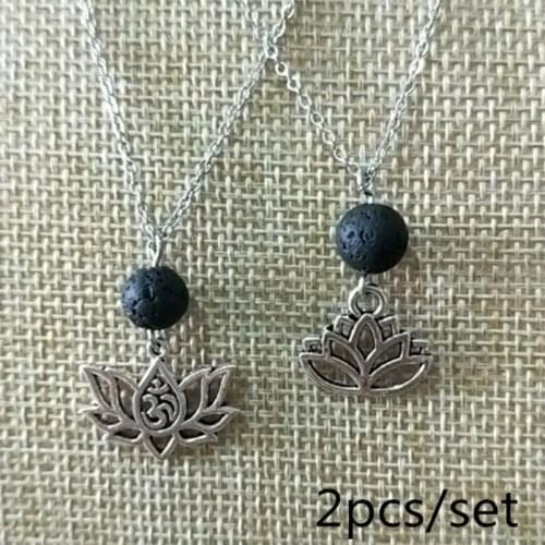 2Pcs Buddha Yoga Chakra OM Lotus Pendant Necklace Jewelry Handmade Natural Lava Stone Flower Necklace Gifts Women Dropshiping
