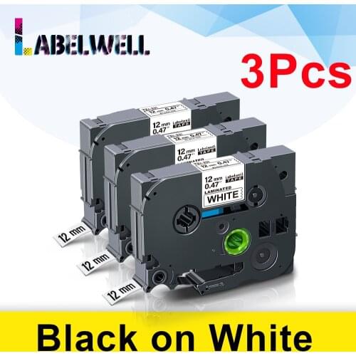 3Pcs Tze-231 12mm Black on White Label Tape Compatible for Brother P-touch P Touch Printer PT Labeler PT-E500W PT-E100B Tze 231
