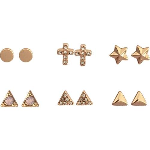 Lovely Cute Gold Color Plating Triangle Cross Star Round Disc 6 Pairs Earrings Set For Women Girl Casual Chic Trendy Jewelry