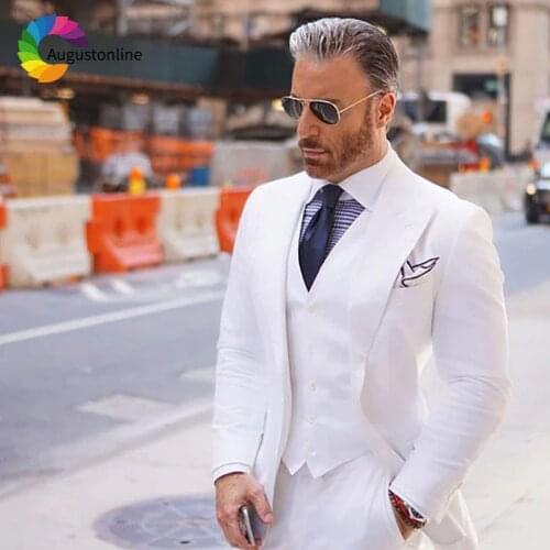 White Beach Men Wedding Suits Peak Lapel Custom Made Best Man Blazers Slim Fit Groom Tuxedos Prom Wear 3Peice Jacket Pants Vest