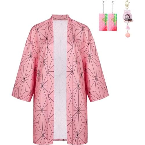 Kamado Nezuko Haori with Earrings Keychain Kimetsu no Yaiba Cloak Short Demon Slayer Kimono Uniforms anime Cosplay Capes