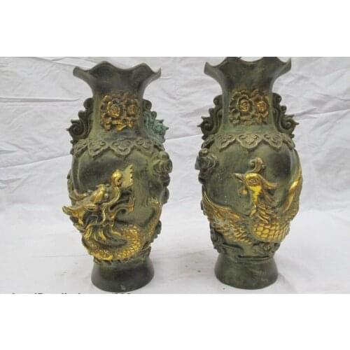 China Royal Peony Dragon Phoenix Bottle statue Bronze Copper Gilt Pot Vase Pair