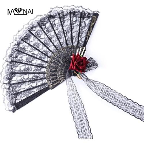 Lolita Vintage Gothic Black Lace Skeleton Hand Rose Folding Hand Fan Halloween Cosplay Party Stage Show Decor Props
