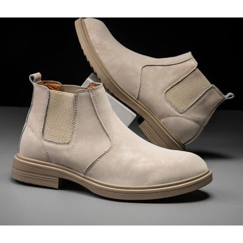 2021 New Fashion Genuine Leather Chelsea Boots Men Autumn Winter Leather Shoes Casual Martin Boots High Quality Beige Men Boots