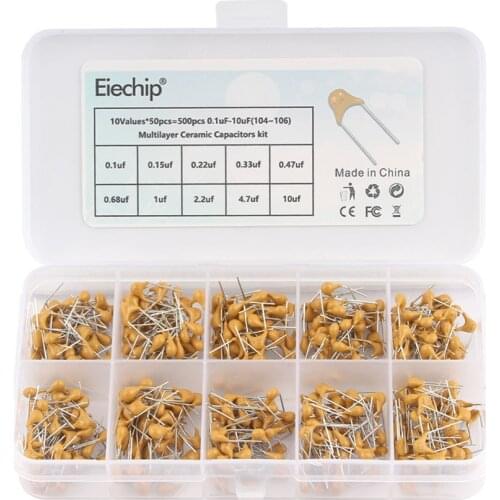 500pcs/lot Multilayer Ceramic Capacitor Assortment Kit 10Values*50pcs 0.1uF-10uF(104~106) 50V Ceramic Capacitors Set pack