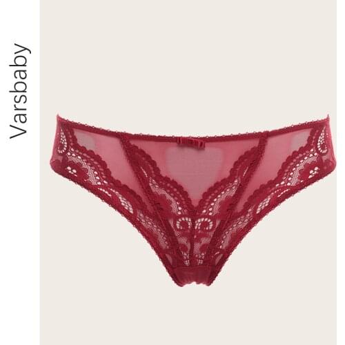 Varsbaby Mid-waist Underwear Sexy transparent lace bow Womens Yarn briefs 3 colors S-XL Panties