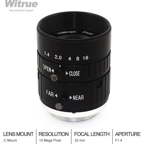 CCTV Lens HD 10MP 25mm C Mount Fixed Manual IRIS Focus Zoom for Security Camera or Industrial Microscope