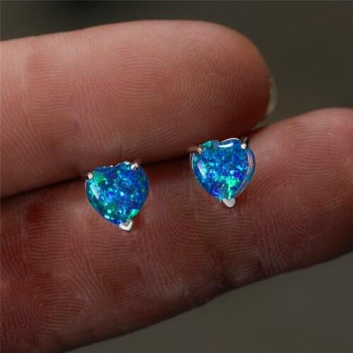 Charm Silver Color Wedding Earrings Vintage Bridal Love Heart Stud Earrings Cute Female White Blue Opal Stone Earrings For Women